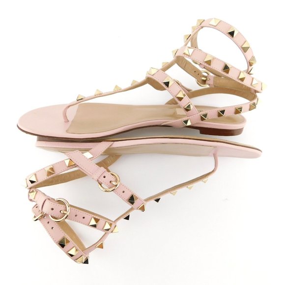 VALENTINO Rockstud Blush Pink Nude Leather Caged T-strap Thong Sandals 38 - Picture 4 of 9